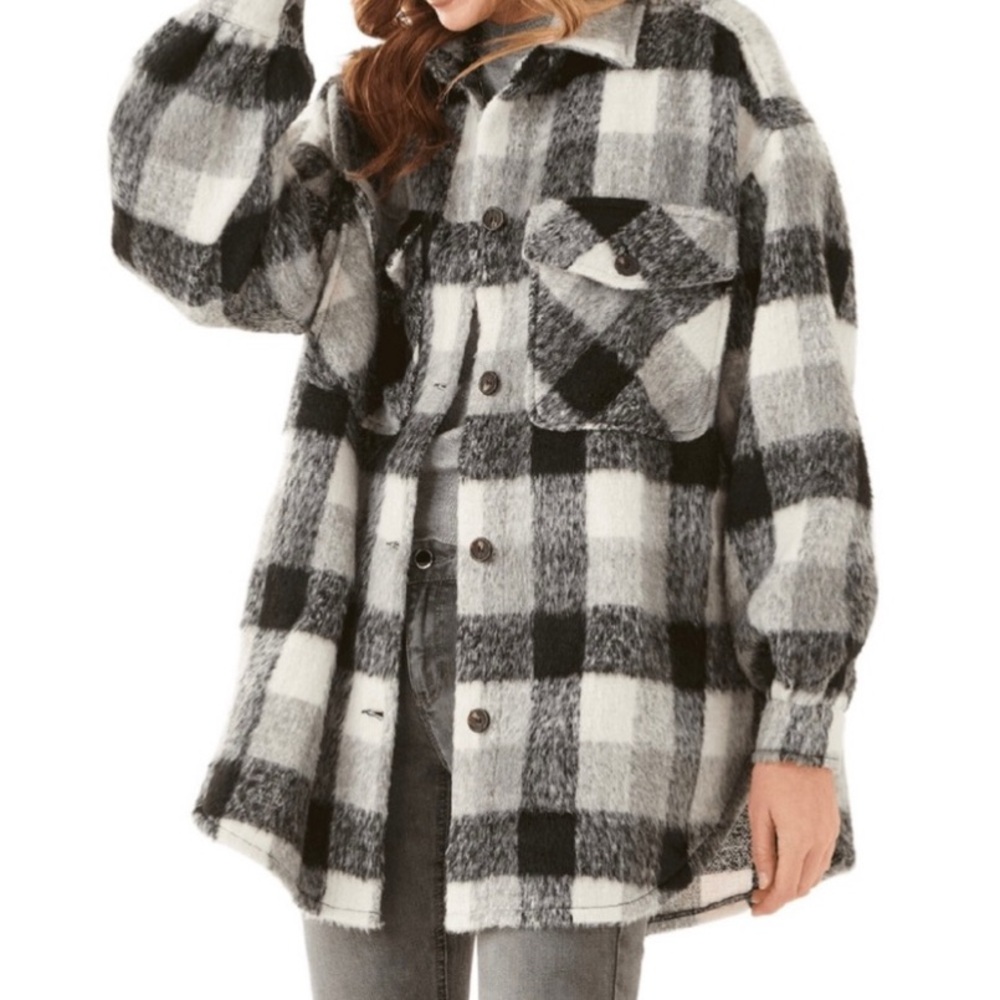CLEO Plaid Lined Shacket S Green Cream Shirt Jacket Midi Boho Casual Scandi